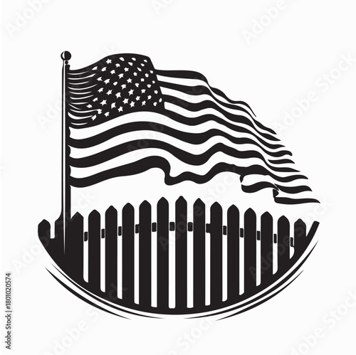 American Flag Waving on Wooden Fence Logo Vector on white background