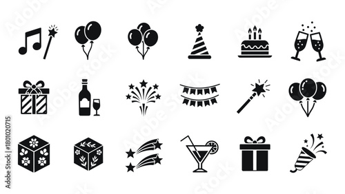 Collection of black and white icons representing celebration and party elements