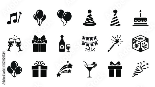 Collection of black and white celebration icons for parties and events