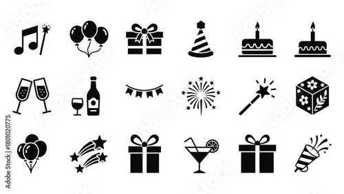Collection of black and white celebratory icons for parties and events