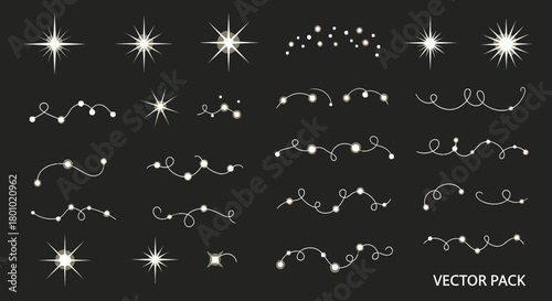 This vector pack offers an elegant assortment of sparkling starbursts, radiant light effects, and charming decorative string lights, ideal for festive projects.