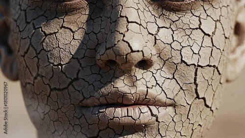 Closeup of a human face with dry, cracked earth texture covering the skin, symbolizing drought and environmental distress