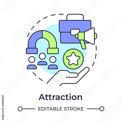 Attraction multi color concept icon. Drawing right talent to organization. Employee lifecycle. Round shape line illustration. Abstract idea. Graphic design. Easy to use in promotional material,