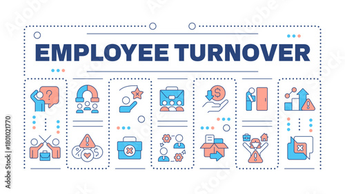 Employee turnover word concept isolated on white. Recruitment and dismissing workforces. HR strategy. Creative illustration banner surrounded by editable line colorful icons. Hubot Sans font used
