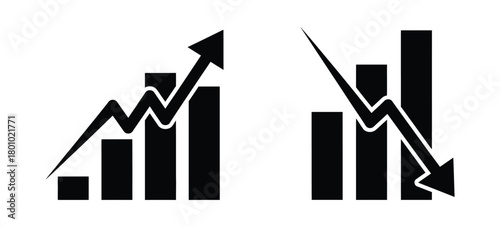 Black silhouette of upward and downward trending bar graphs with jagged arrows illustrating volatility
