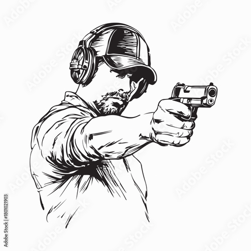 Athlete in Headphones and Cap Aiming Pistol Vector on white background