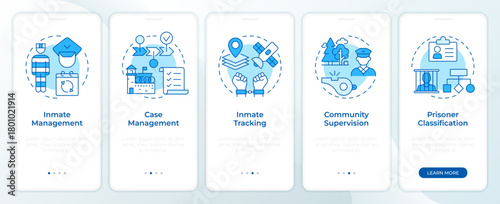 Correctional management systems blue onboarding mobile app screen. Walkthrough 5 steps editable graphic instructions with linear concepts. UI, UX, GUI. Montserrat SemiBold, Regular fonts used