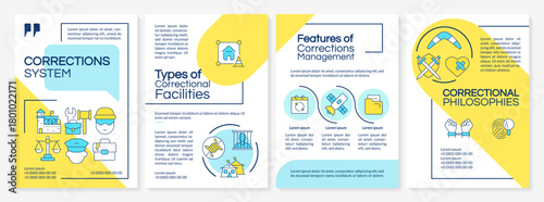 Corrections system blue and yellow brochure layout. Penitentiary facilities management. Leaflet advertising design with color line icons. Editable 4 pages. Questrial, Lato-Regular fonts used
