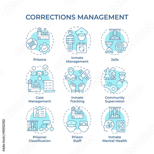Corrections management soft blue concept icons. Criminals punishment and rehabilitation processes. Prisons control. Icon pack. Vector images. Round shape illustrations for website. Abstract idea