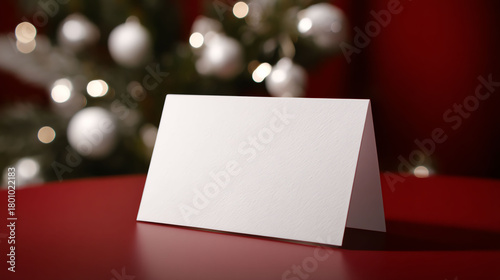Blank Christmas Card Mockup on Red Table with Decorated Tree