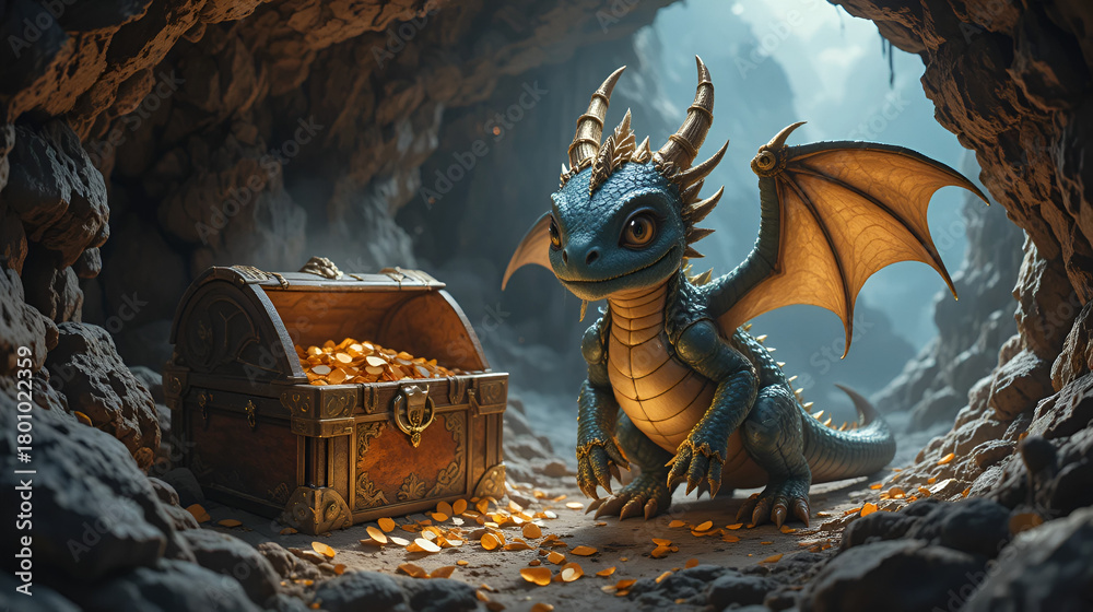 Naklejka premium Baby dragon guarding his treasure hoard within a mystical cave realm