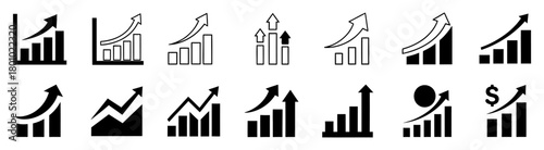 Collection of diverse bar and line graph illustrations showing upward financial growth and positive economic trends