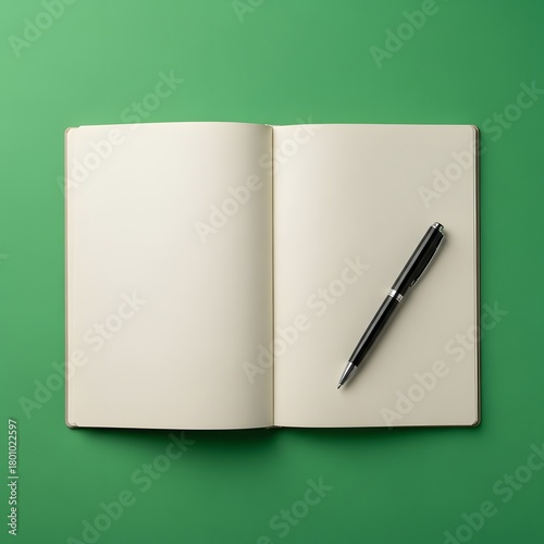 An open blank notebook with a black pen resting on the right page, placed on a vibrant green background, ready for writing or drawing
