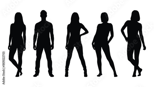 Diverse group of silhouetted figures in fashionable poses against a white background