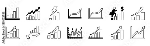 Collection of stylized business and financial growth charts and graphs icons