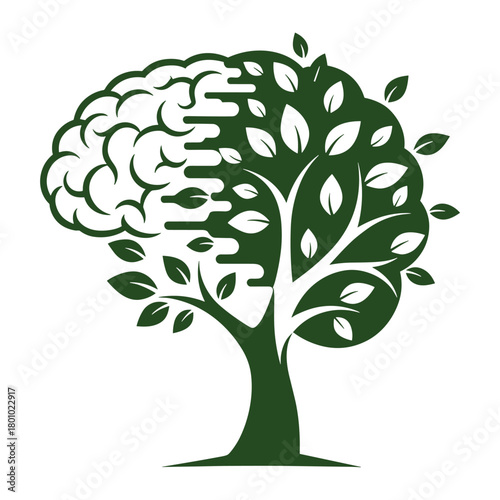 Creative brain tree vector illustration, green intellect growth concept design