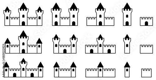 様々な形の城、砦、要塞アイコンのベクターイラストのセット