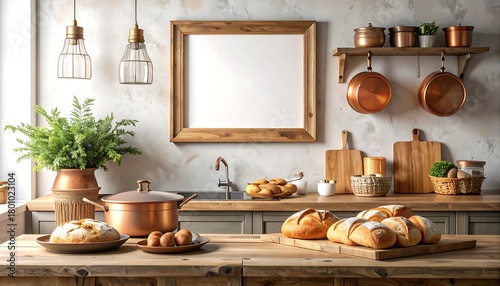 Rustic Kitchen Still Life with Copper Cookware and Fresh Bread.
