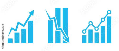 Three blue bar graphs showing upward and downward trends with line charts illustrating financial growth and decline