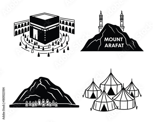 Kaaba mount arafat minas tents hajj pilgrimage vector illustration icons