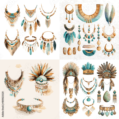 A decorative collection of tribal inspired jewelry, necklaces, feathers, gemstones, and ornamental accessories in turquoise and warm earth tones. Great for boho design, fashion visuals, and craft proj