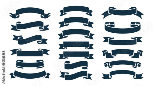 Collection of dark blue ribbon banners and labels for design and decoration