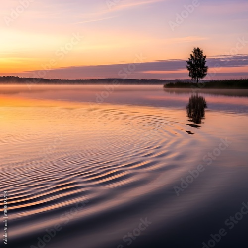 Serene sunset over a calm lake with gentle ripples and a solitary tree reflecting on the water's surface under a colorful sky