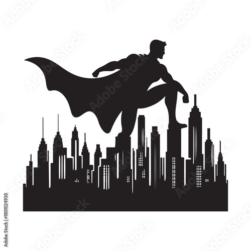 superhero city pose vector silhouette clip art logo design illustration