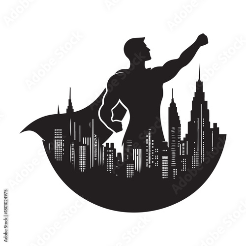 superhero city pose vector silhouette clip art logo design illustration