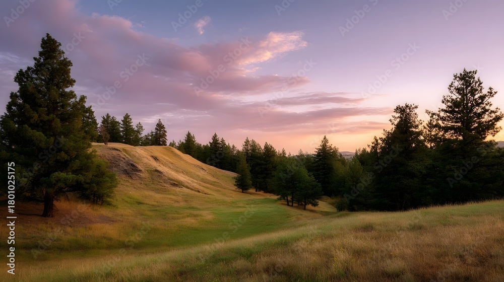 Obraz premium A peaceful sunset casts warm golden and purple hues across rolling grassy hills dotted with pine trees under a soft twilight sky