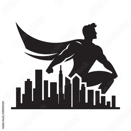 superhero city pose vector silhouette clip art logo design illustration