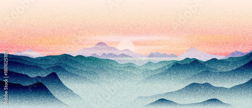 Sunset in the mountains, ridges in the evening light and fog, minimalistic landscape, grain effect, vector illustration