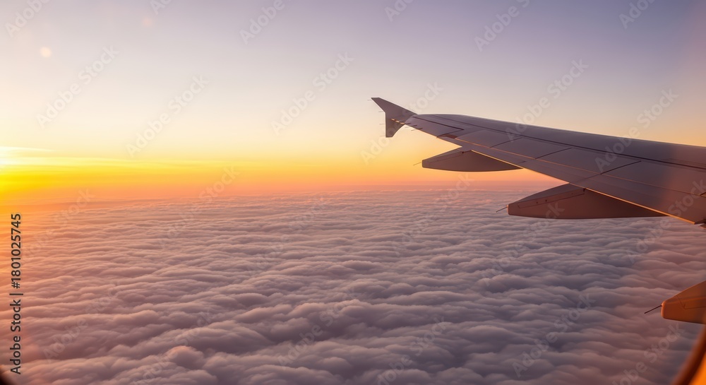 Fototapeta premium Airplane wing over sunset clouds with vibrant sky