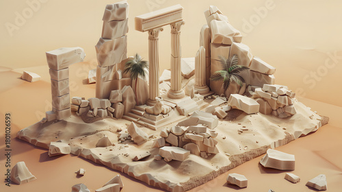 3d isometric low-poly clay ancient desert temple