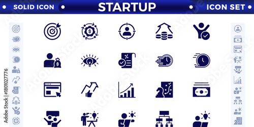 Startup and development solid icons set. Startup symbols collection. Launch, development, investment, innovation. Solid icons related to project, startup, management, and business. 