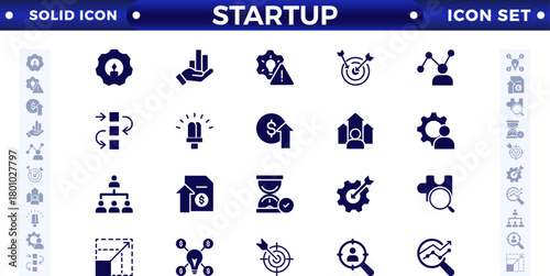 Startup and development solid icons set. Startup symbols collection. Launch, development, investment, innovation. Solid icons related to project, startup, management, and business. 