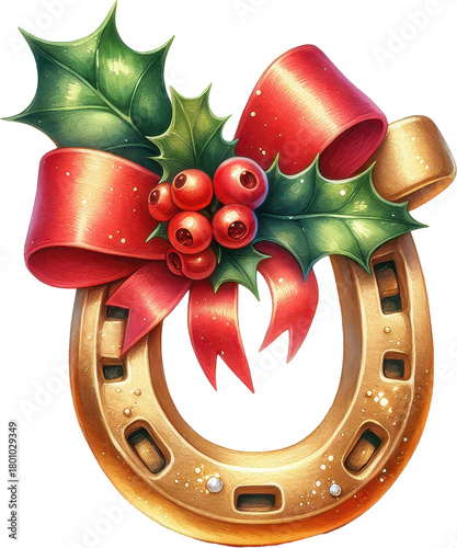 Lucky golden horseshoe adorned with Christmas holly and red ribbon