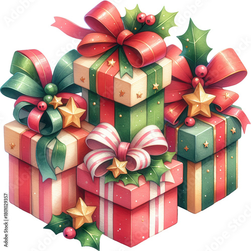 Pile of festive Christmas gifts decorated with bows stars and holly