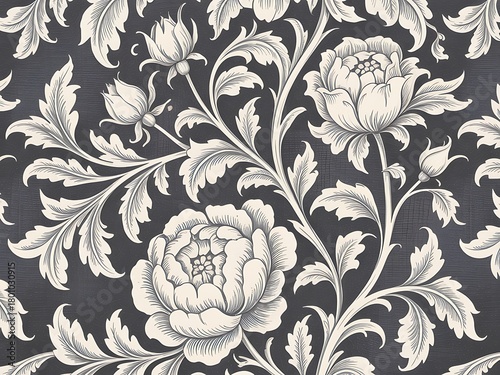 Intricate vintage floral pattern with peonies and leaves