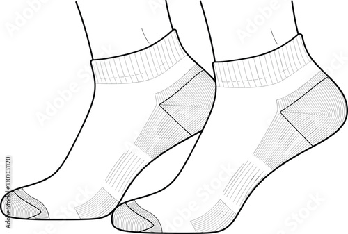 Sports ankle socks technical flat sketch, fashion design, apparel template, vector illustration, clothing mockup, line art, isolated, white background, pair.