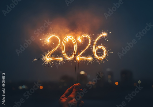 Photo of long-exposure sparkler writing forming the number 2026 for New Year celebration designs