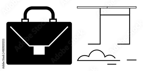 Black briefcase paired with a simple desk and abstract cloud elements. Ideal for business, office, professionalism, corporate identity, minimalism, career growth, simple flat metaphor
