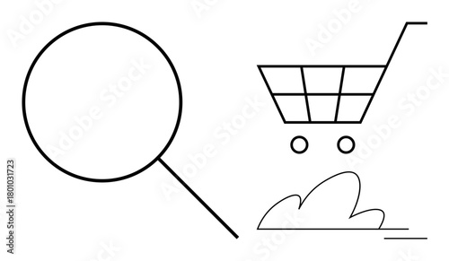 Magnifying glass paired with a shopping cart symbolizes product search and online shopping. Ideal for e-commerce, marketing, retail, search, digital trends, business strategy, simple flat metaphor