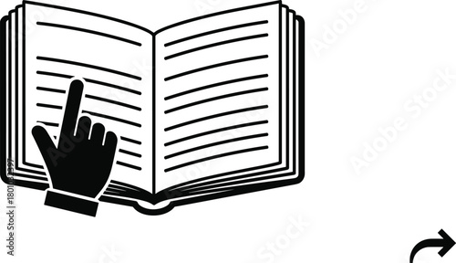 Read manual icon, user guide symbol, pointing hand on open book, follow safety instructions, learning concept, read before use, vector pictogram.