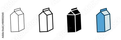 Set of minimalist milk carton icons with transparent background, depicting beverage packaging, dairy products, grocery items, and breakfast symbols, vector illustration