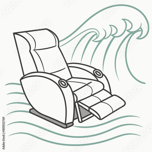 Recliner chair in water with wave isolated on