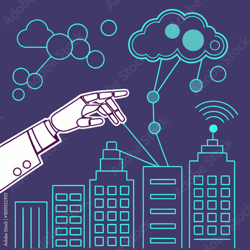 Illustration of a robotic hand touching a smart city connected to cloud