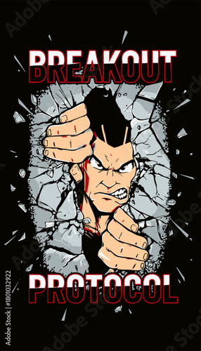 Cartoon man breaking through a wall with text breakout protocol