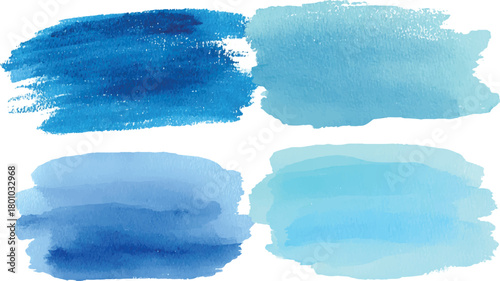 Four blue watercolor brush strokes on white background paint