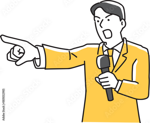 マイクを持って指差す男性社員